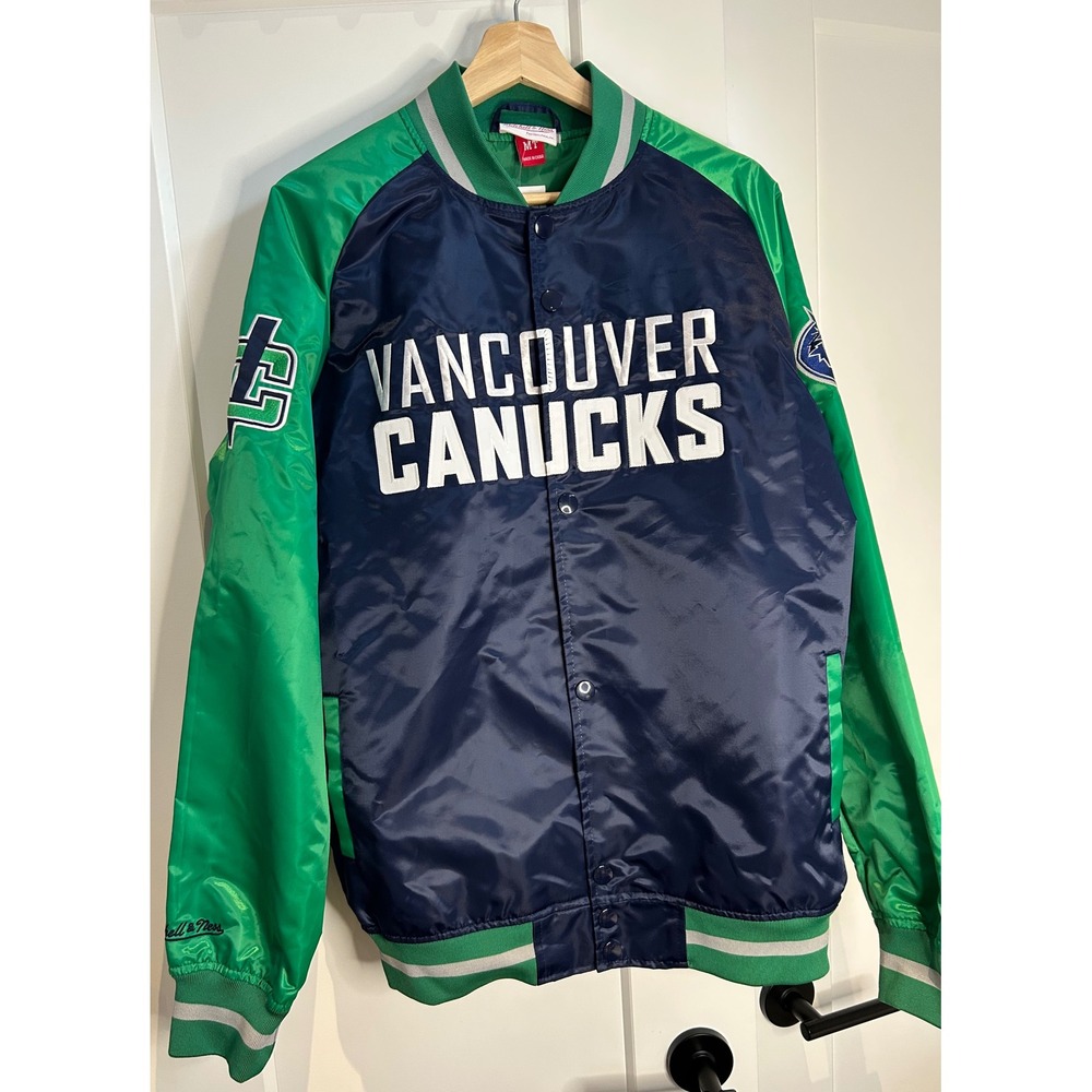 Mitchell & Ness Vancouver Canucks NHL Satin Varsity Jacket Navy Green Mens MT